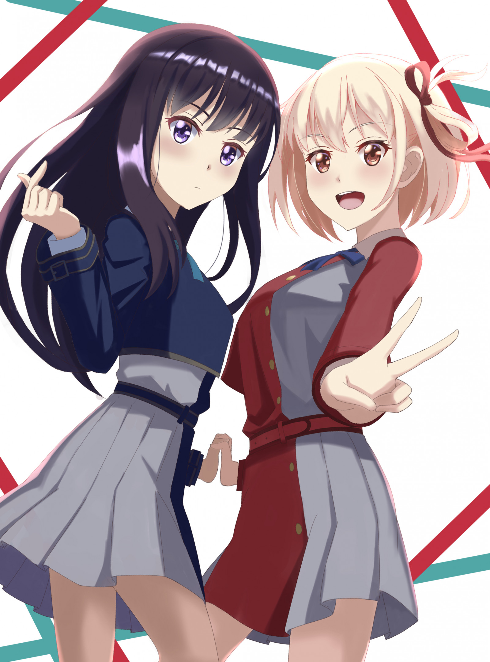 аниме, аниме момичета, Lycoris Recoil, Nishikigi Chisato, Inoue Takina, къса коса, Рус, дълга коса, Черна коса, two women, произведения на изкуството, дигитално изкуство, фен арт