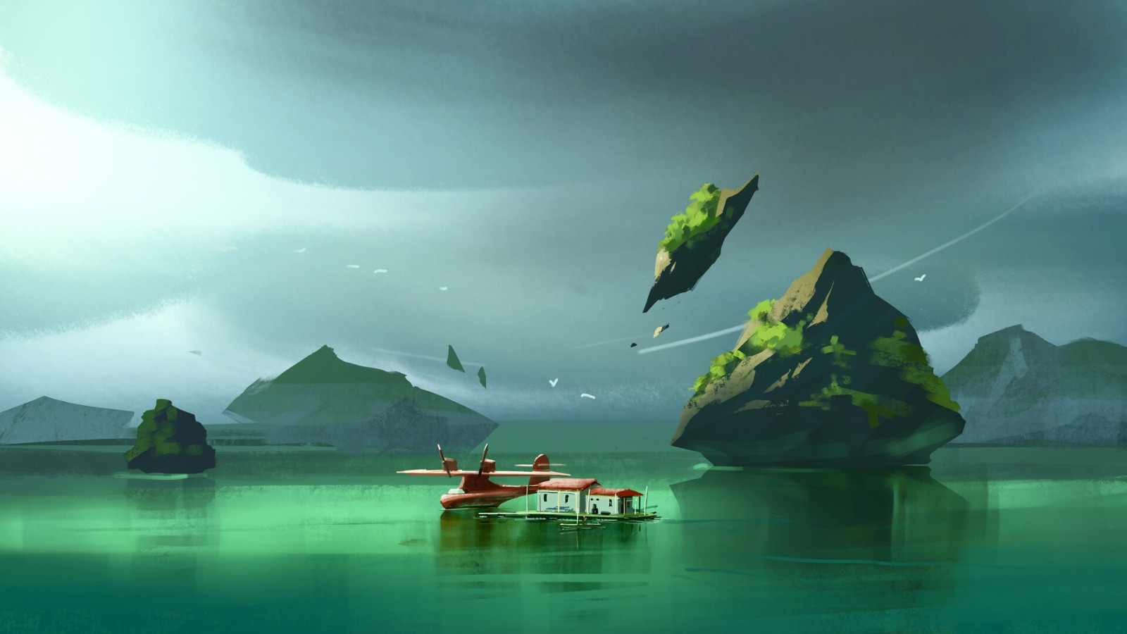 Ingram Schell, opera d'arte, mare, aerei, isola, isola galleggiante, uccelli, casa