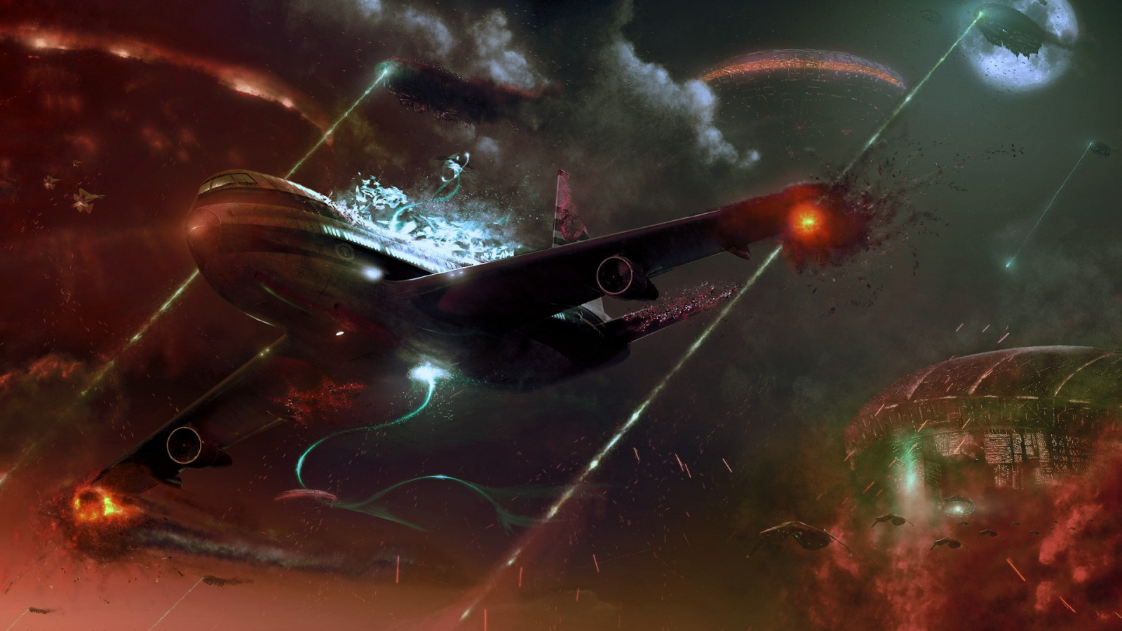 Wallpaper digital art, fantasy art, airplane, nebula, aliens, crash