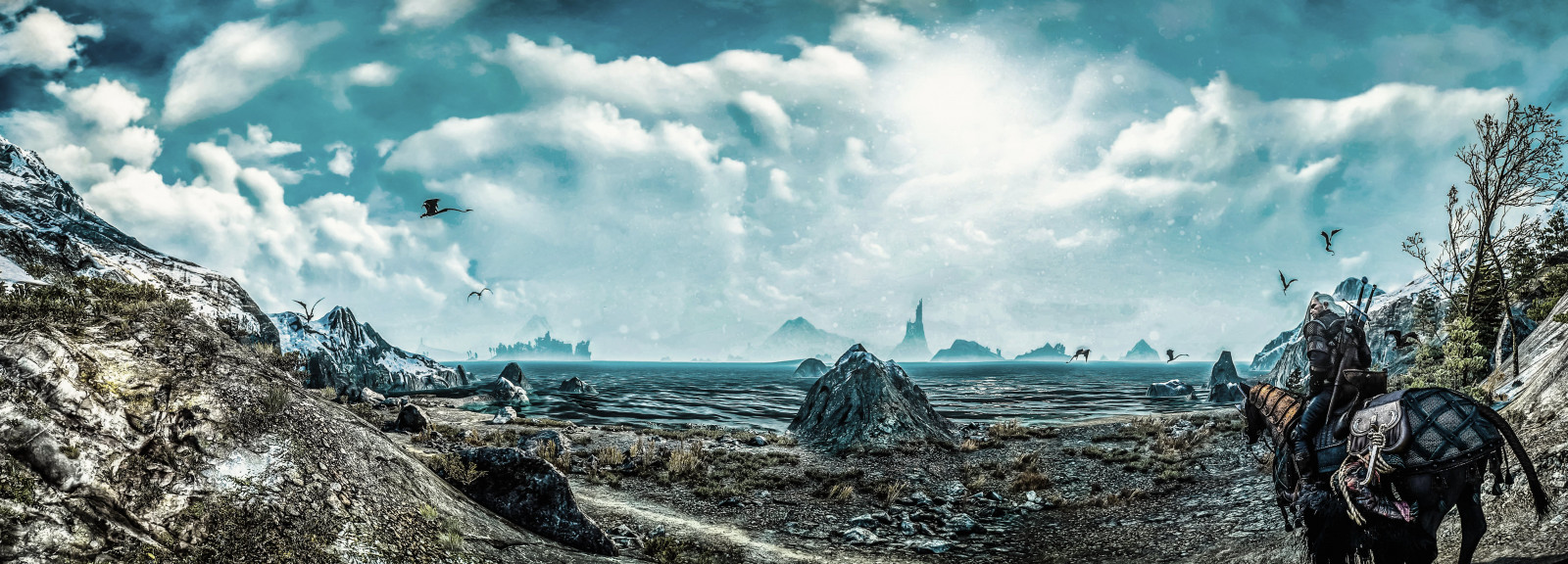 krajina, moře, voda, Skála, Červené, kůň, nebe, fotografování, Cestovní ruch, panoráma, mrak, strom, hora, oceán, Snímek obrazovky, CD, meteorologický jev, Geralt, witcher3, Progect