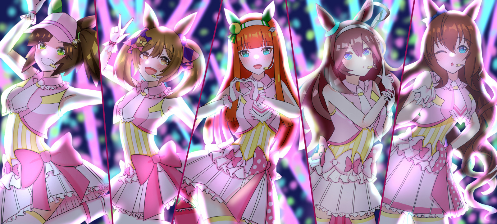 anime, anime dívky, Uma Musume Pretty Derby, zvířecí uši, horse girls, Silence Suzuka Uma Musume, Smart Falcon Uma Musume, Mihono Bourbon Uma Musume, Ines Fujin Uma Musume, Maruzensky, dlouhé vlasy, ryšavý, twintails, bruneta, koňský ohon, umělecká díla, digitální umění, fan art