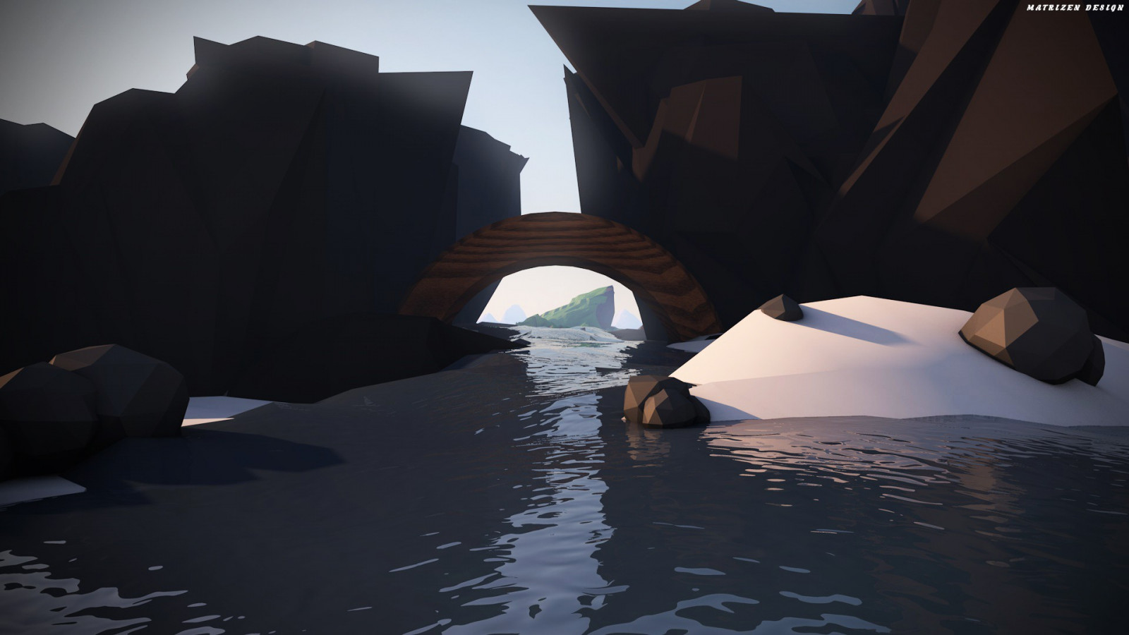 krajina, hory, voda, Skála, odraz, sníh, nízká poly, řeka, světlo, tma, Snímek obrazovky