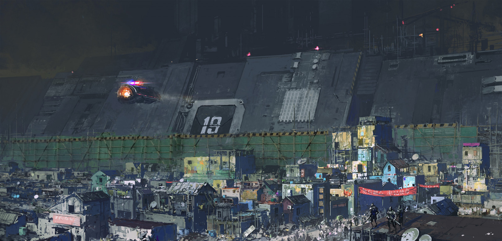 su jian, ilustrace, umělecká díla, digitální umění, policie, slum, architektura, cyberpunk, futuristický, futuristické město