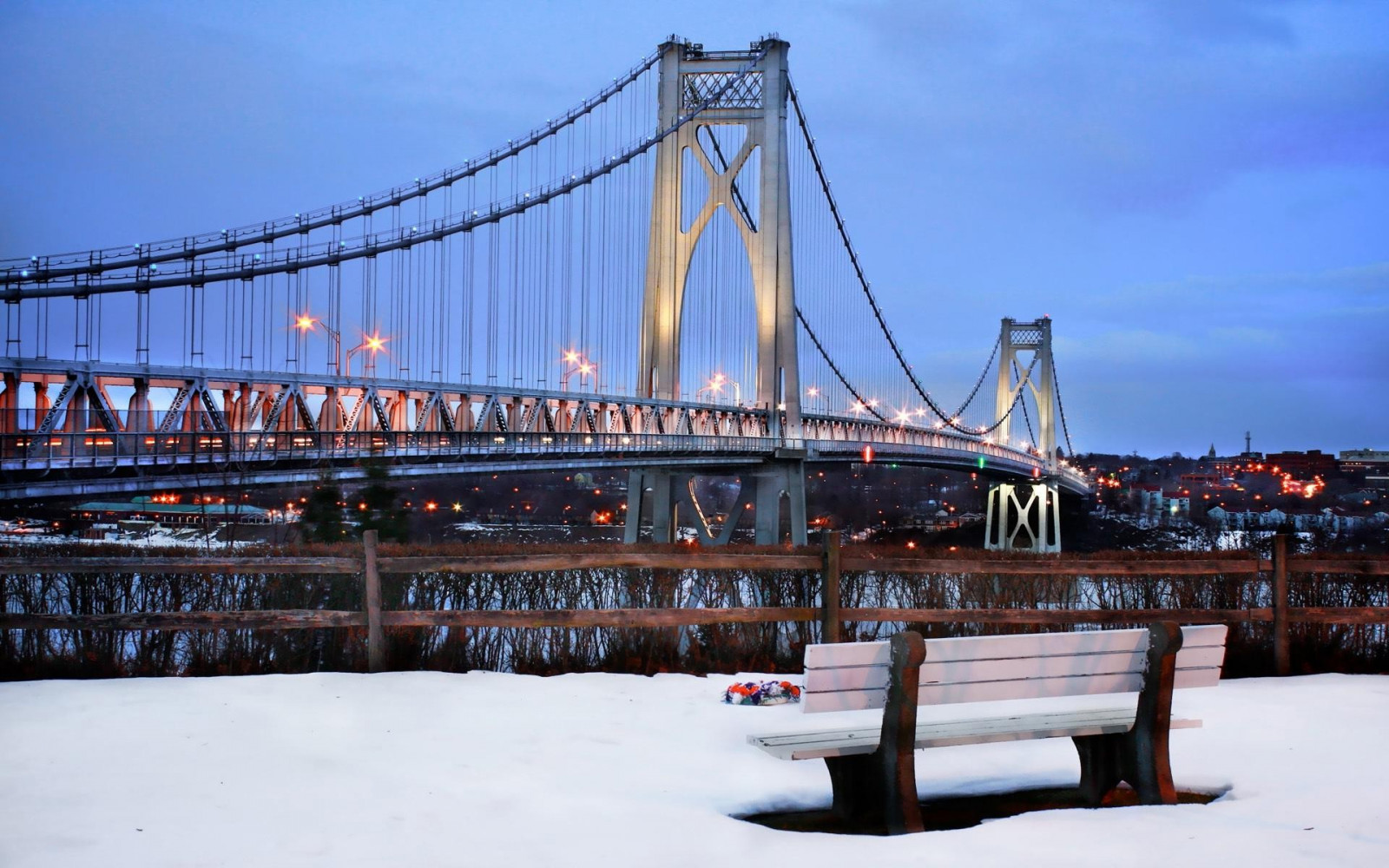 Wallpaper city, snow, winter, vehicle, bench, bridge, New York City