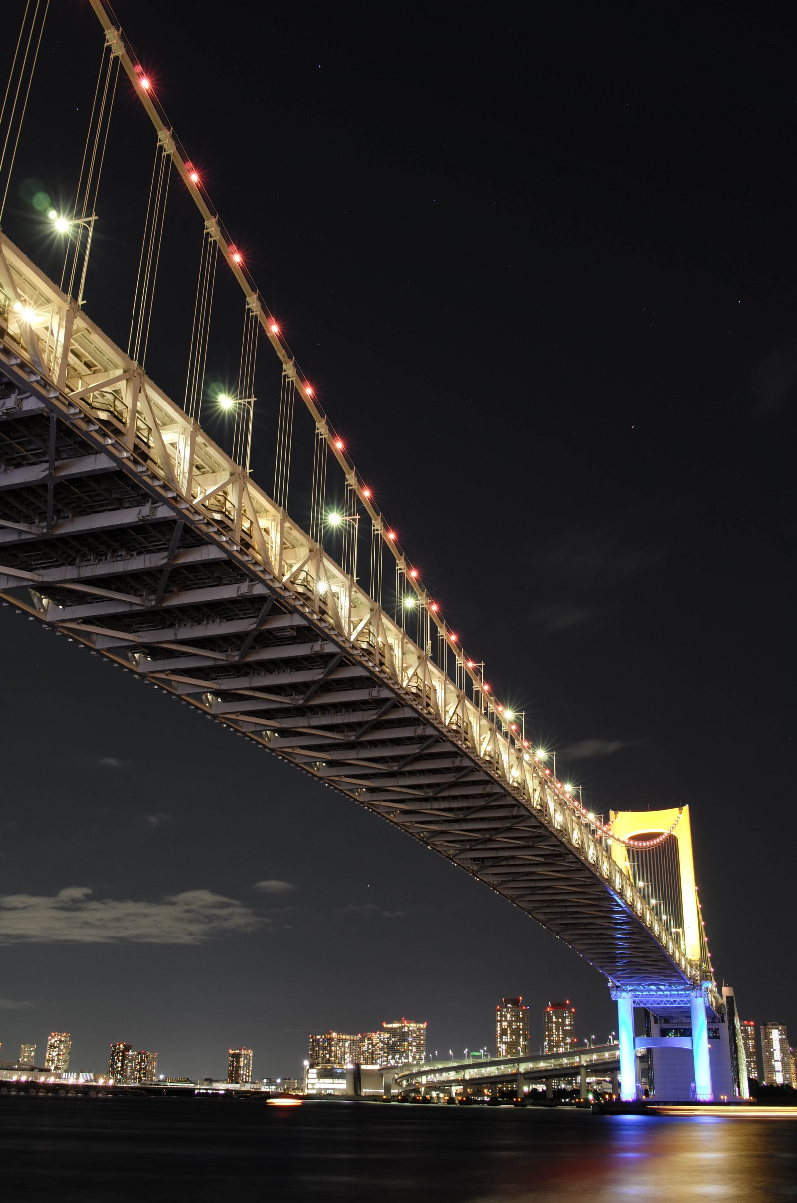 Giappone, paesaggio urbano, notte, architettura, riflessione, veicolo, ponte, crepuscolo, Leica, Tokyo, Jp, leggero, illuminato, illuminazione, t, punto di riferimento, Rainbowbridge, TOKYOBAY, leicat, summicront235, Summicron, T235, struttura nonbuilding, ponte strallato