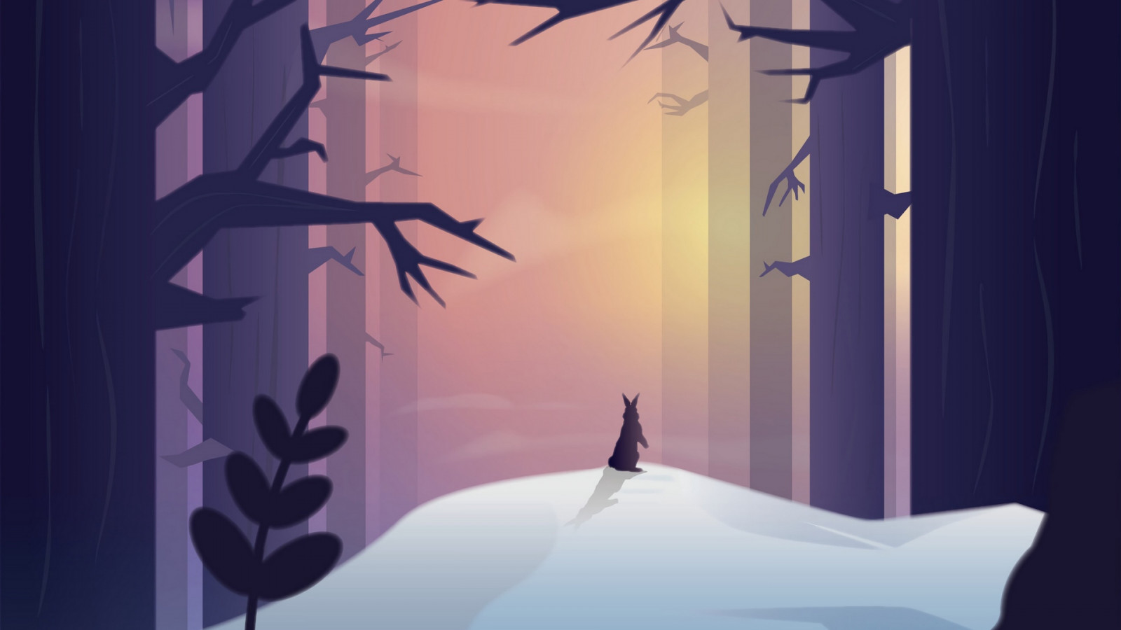 artwork, snow, forest, trees, rabbits
