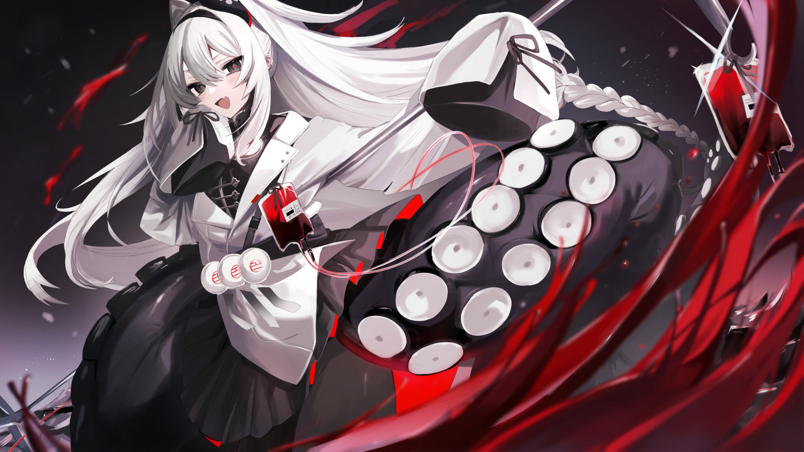 Wallpaper blood, tentacles, anime girls, white hair, red eyes, braids, Braided hair 4096x2305