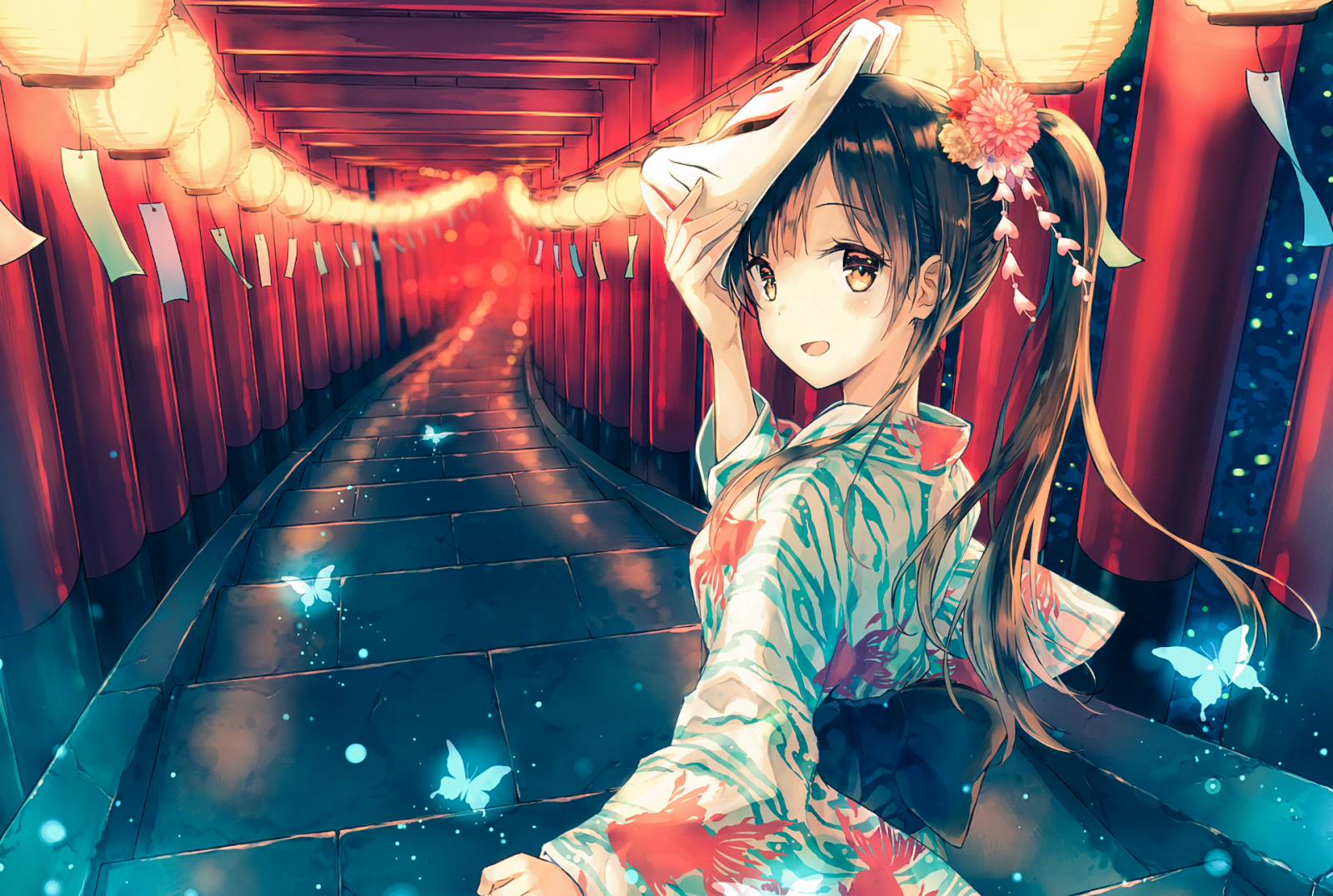 Anime Chicas anime Mirando al espectador máscara Yukata color captura de pantalla teatro musical