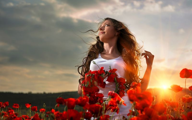 slunečnímu záření, květiny, ženy venku, ženy, model, západ slunce slunečnímu záření, květiny, ženy venku, ženy, model, západ slunce