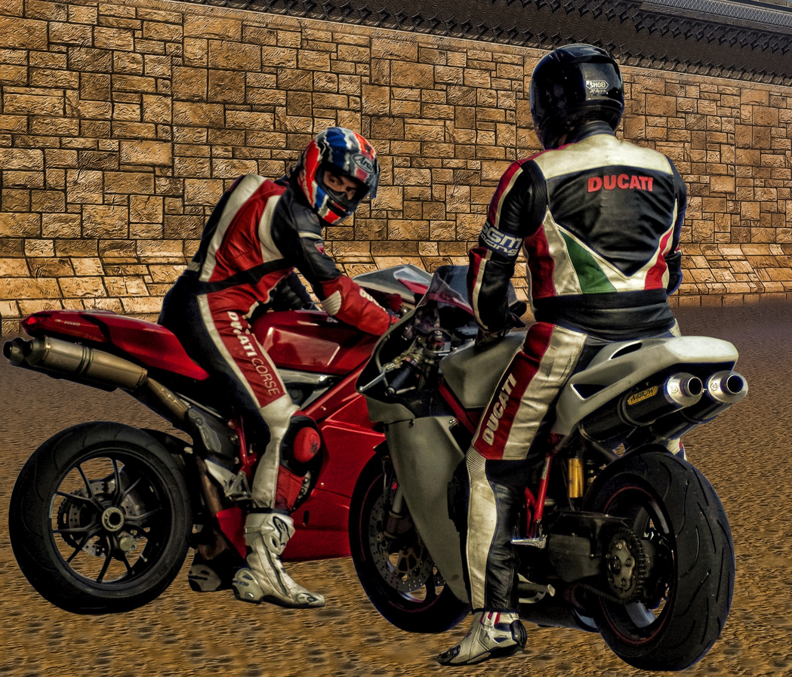 Aprilia, Cagiva, Honda, Kawasaki, Husqvarna, KTM, Simson, Suzuki, Yamaha, Ducati, Daytona, Buell, Moto Guzzi, Triumf, BMV, Řidič, motocykl, koženky, Dainese