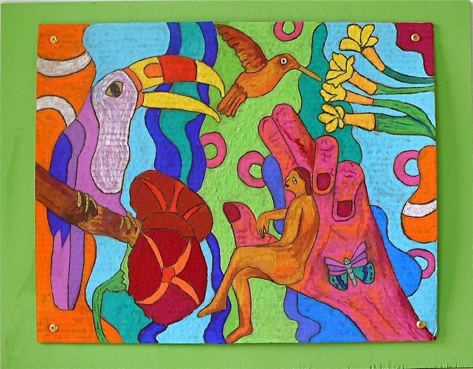 dřevo, růžový, květiny, modrý, Červené, žena, zelená, pták, UMĚNÍ, ptactvo, motýl, podivný, tukan, ruce, ženy, ráj, rawart, lidové umění, outsiderart, sedící, výkres, soudobé umění, prodávány, moderní umění, surrealismus, motýli, Papoušek, lepenka, fantazie, samouk, pastely, expresionismus, kolibříci, artbrut, DeviantArt, sedící, překližka, naiveart, visionaryart, cardboardart, primitiveart, naifart, artnaif, seatedwoman, soldart, artoncardboard, jenniferbeinhackercom, watersolublepastels, sittinginahand