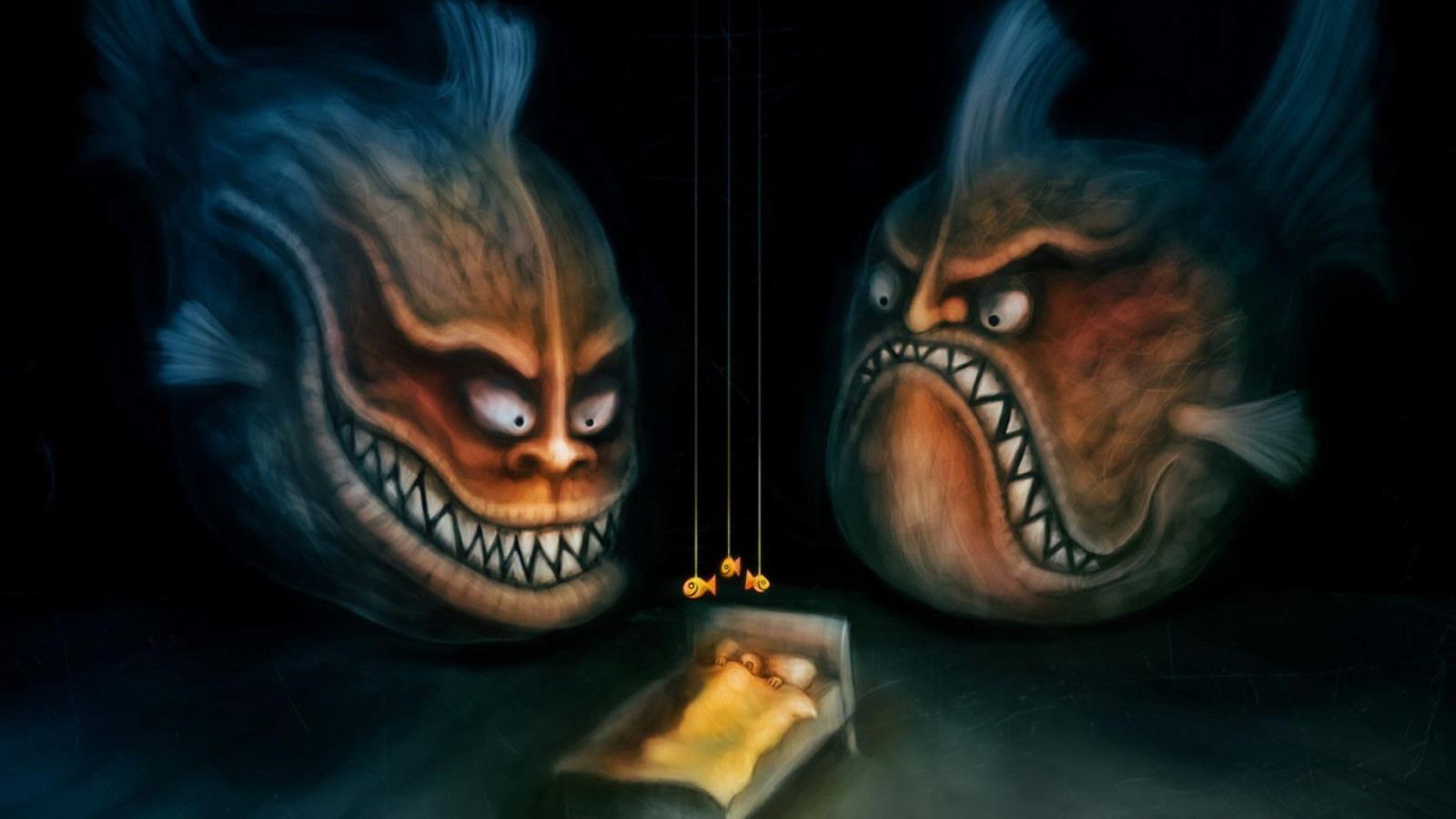 digitální umění, zvěř, hračky, fantasy umění, děti, postel, Ryba, usmívající se, Pod vodou, Lana, démon, noční můra, tesáky, piraně, tma, Snímek obrazovky, počítač tapeta, fiktivní postava, zvláštní efekty