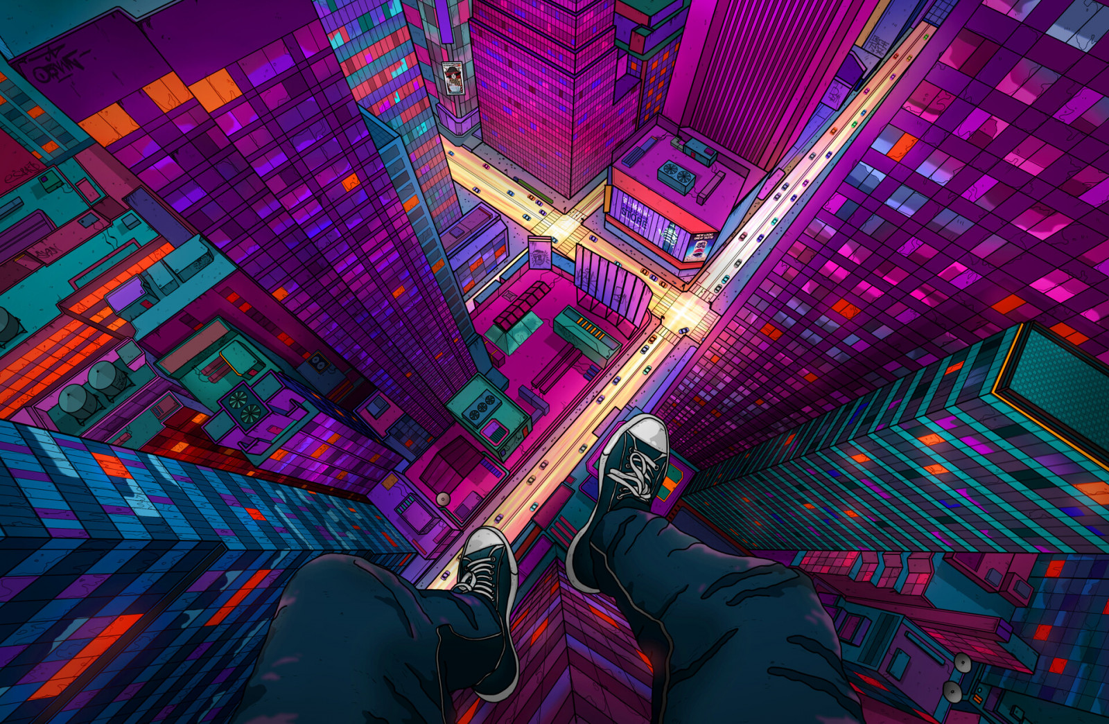 digitální umění, umělecká díla, ilustrace, letecký pohled, sedící, město, panoráma města, budova, mrakodrap, ulice, provoz, noc