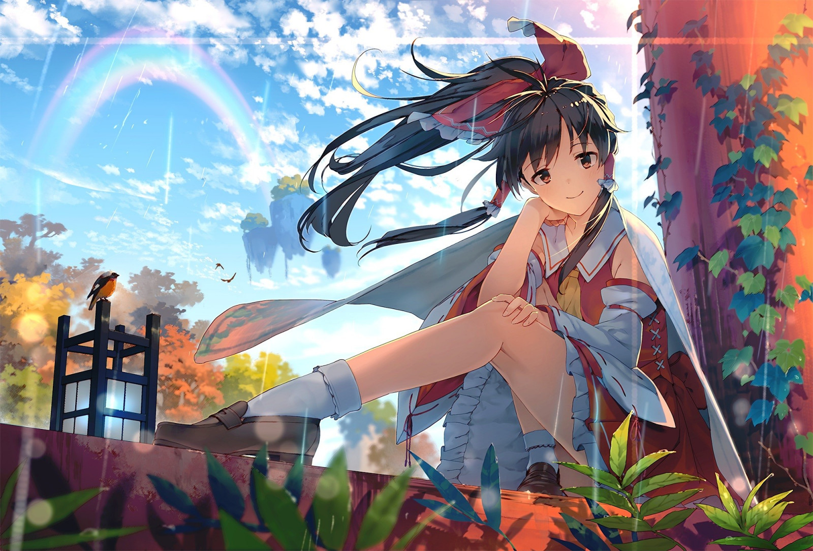 Illustration, Vögel, Tiere, Anime, Socken, Regen, Touhou, Regenbogen, Pferdeschwanz, Hakurei Reimu, Japanische Kleidung, Band, Bildschirmfoto