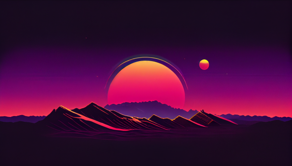 ai art, sunset, synthwave, mountains, illustration, minimalism