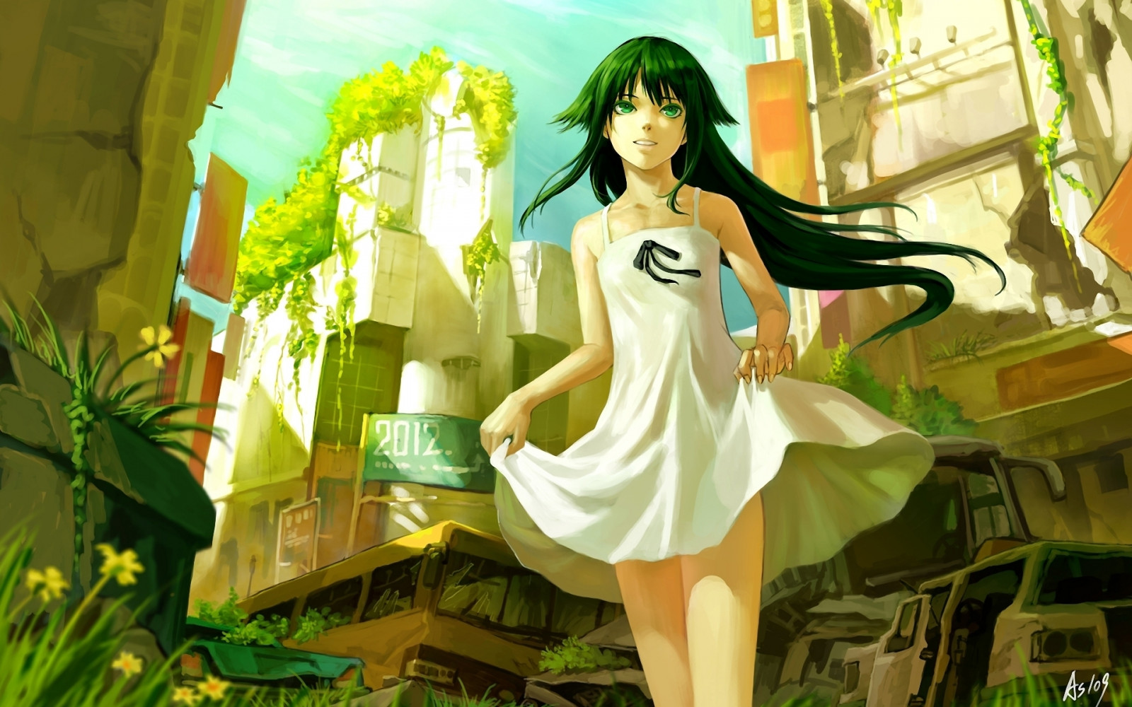 illustration, by, anime, planter, grøn, gul, ruiner, Saya no Uta, Saya, As109, KUNST, blomst, pige, tøj