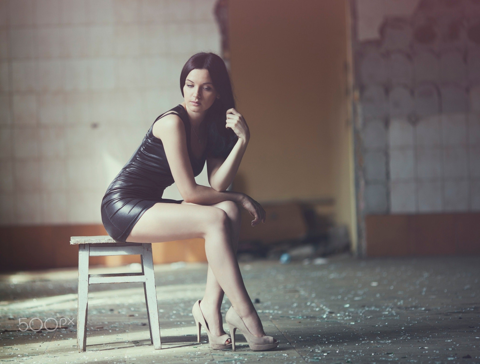 Wallpaper : women, 500px, black dress, abandoned, sitting, high heels