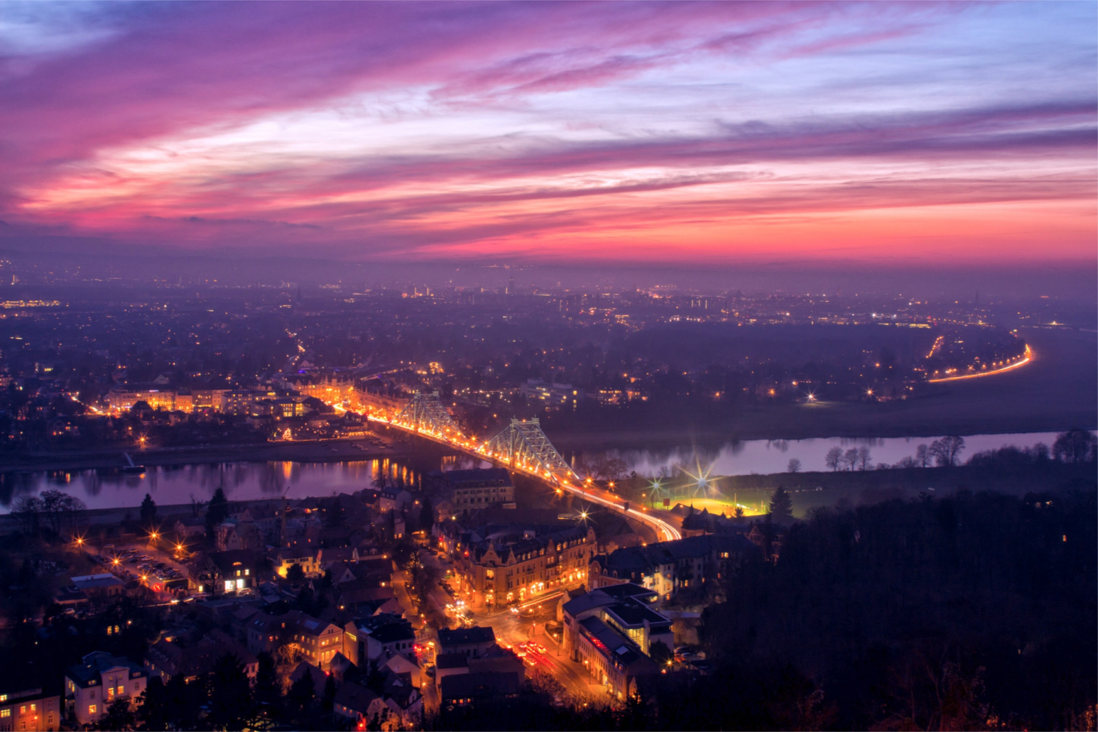 Wallpaper Dresden, Germany, bridge, lights, river, Elbe, evening