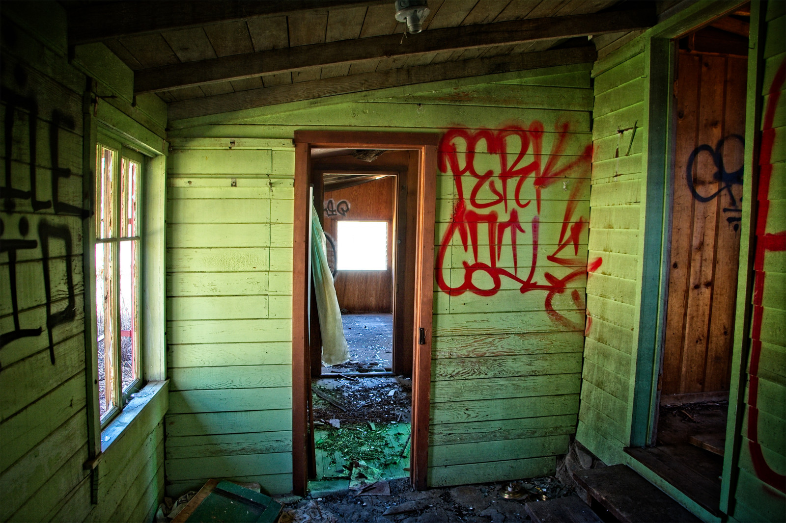 窗口, 弃, 壁, 木, 屋, 绿色, 门, 涂鸦, 家, 戴夫迈尔
