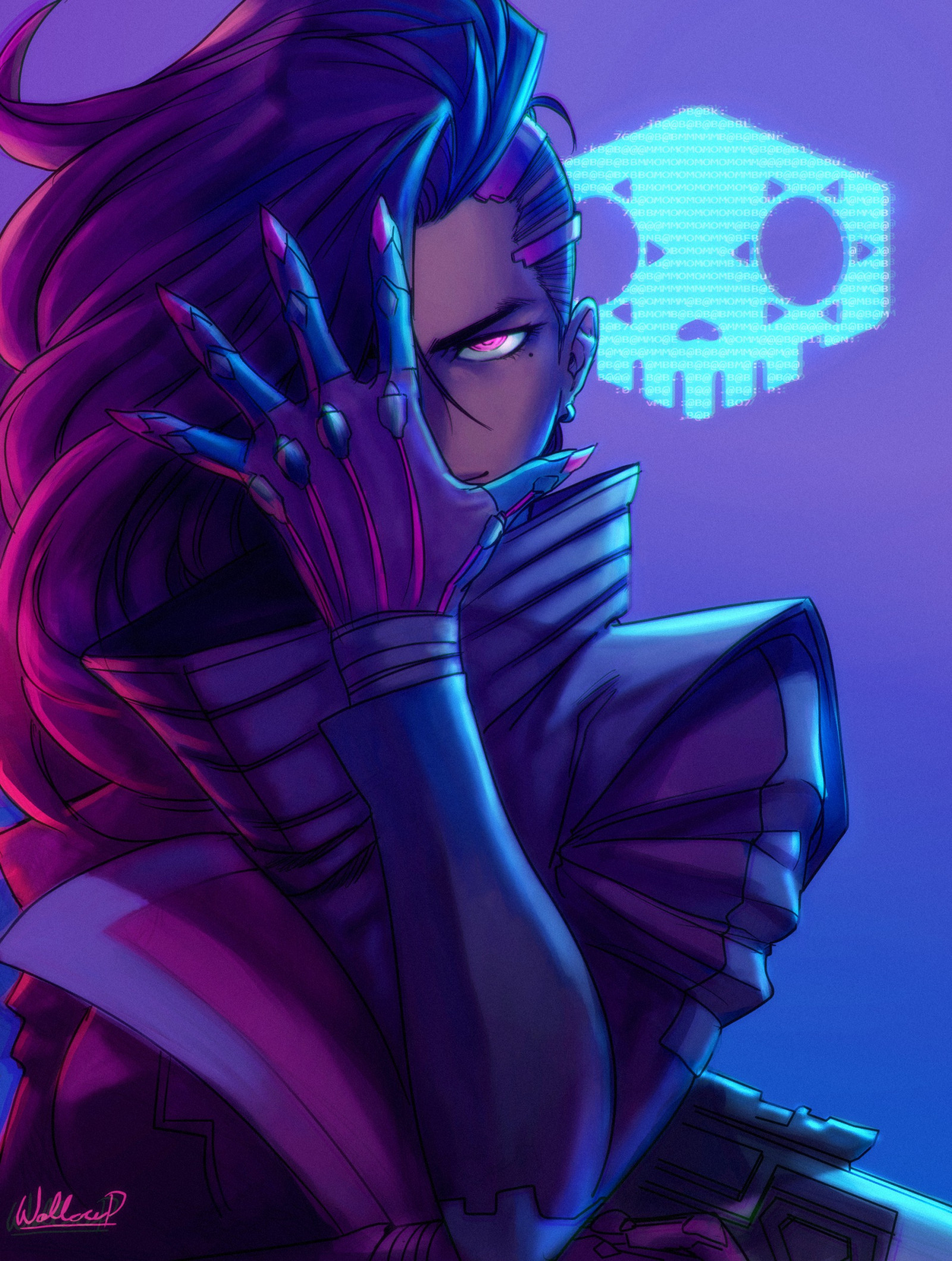 Wallpaper illustration, long hair, anime, purple hair, Sombra Overwatch, pink eyes, screenshot