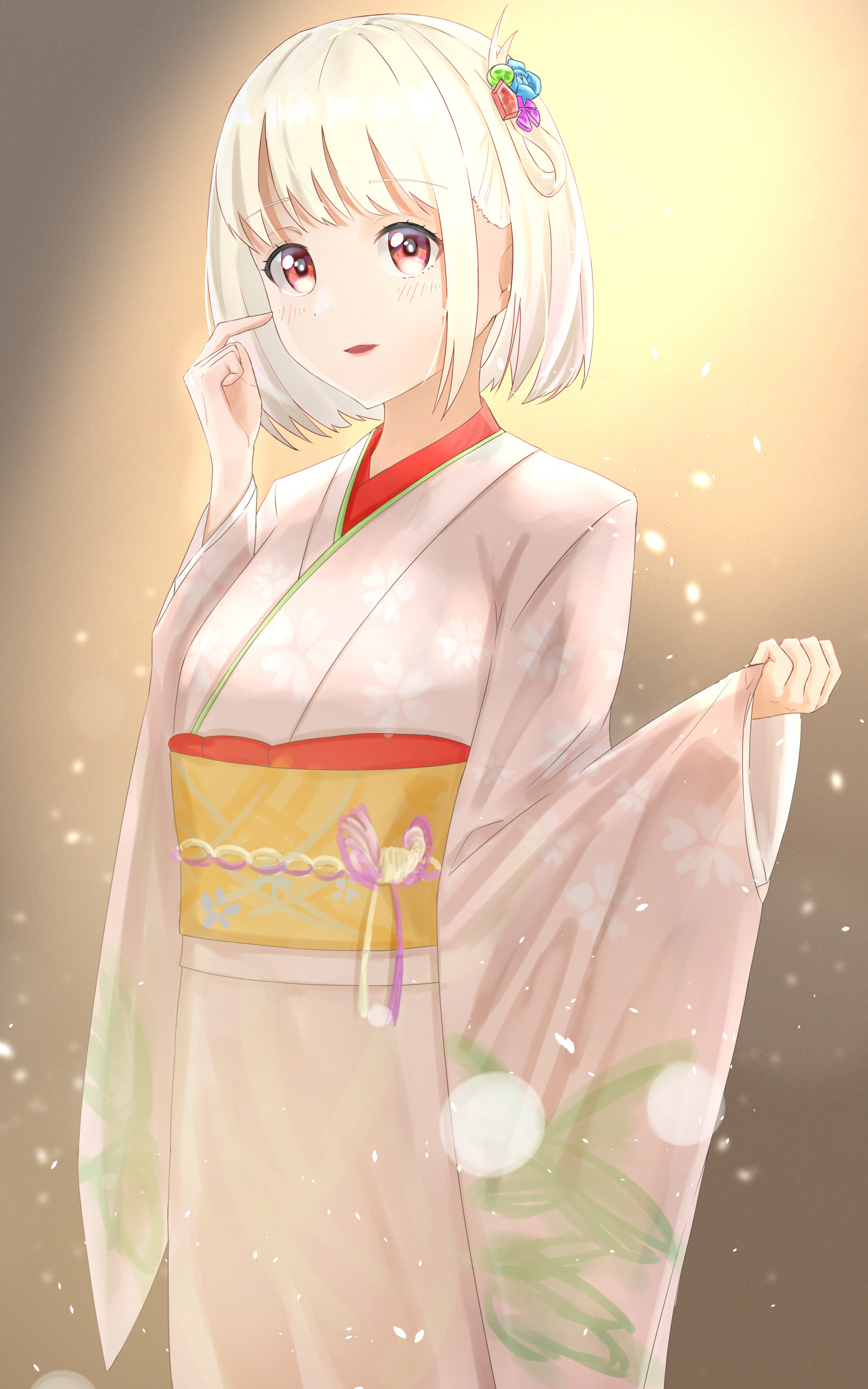anime, anime jenter, Lycoris Recoil, Nishikigi Chisato, kort hår, blond, solo, kunstverk, digital kunst, fan Kunst
