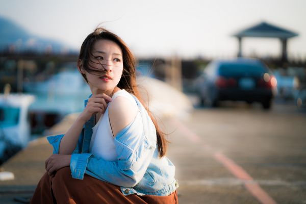 women,model,Asian,brunette,hair in face,sitting