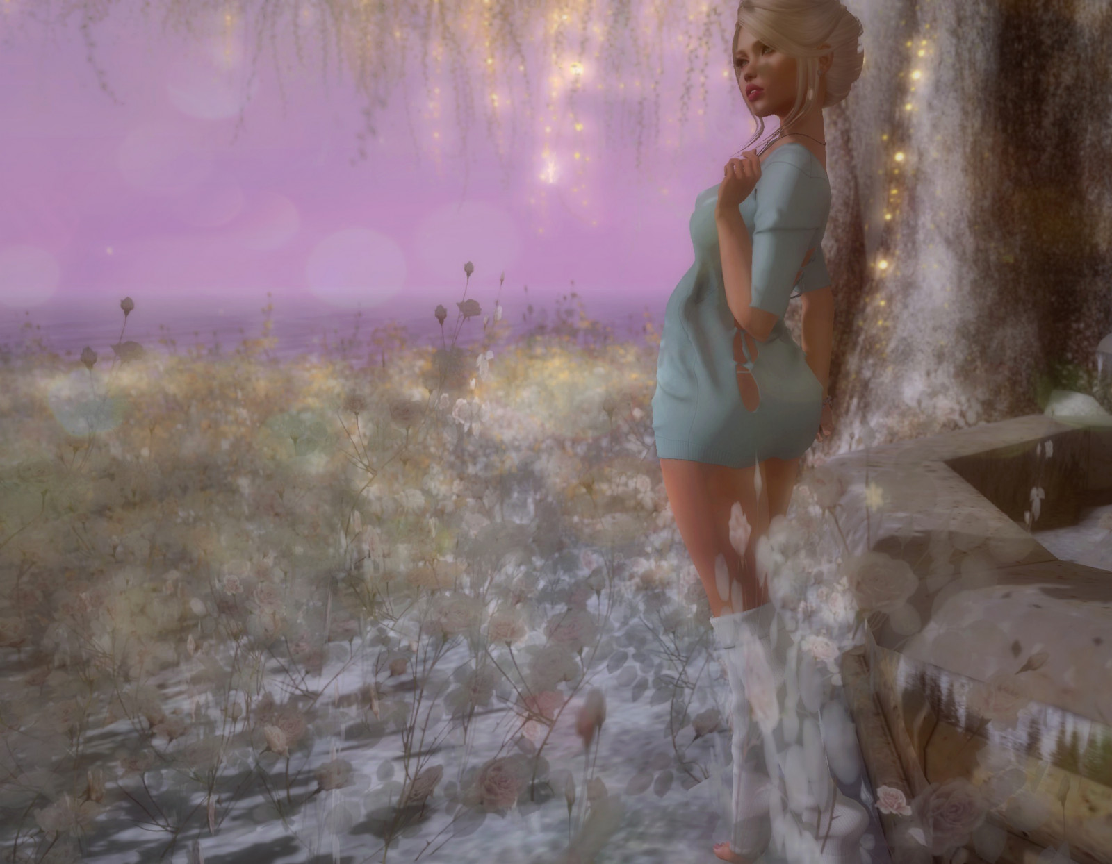 ragazza, cielo, la pittura, luce del sole, albero, acqua, erba, ecoregione, paesaggio