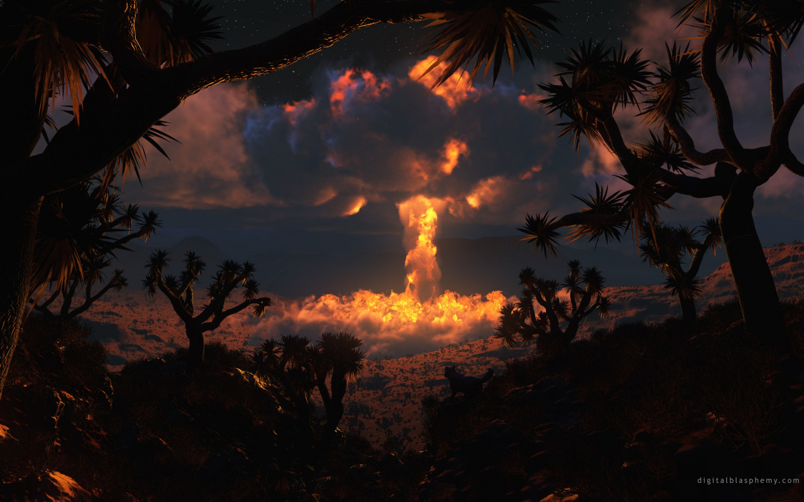 arte digitale, tramonto, notte, Alba, sera, atmosfera, crepuscolo, bomba atomica, Digital Blasphemy, alba, oscurità, immagine dello schermo, fenomeno geologico