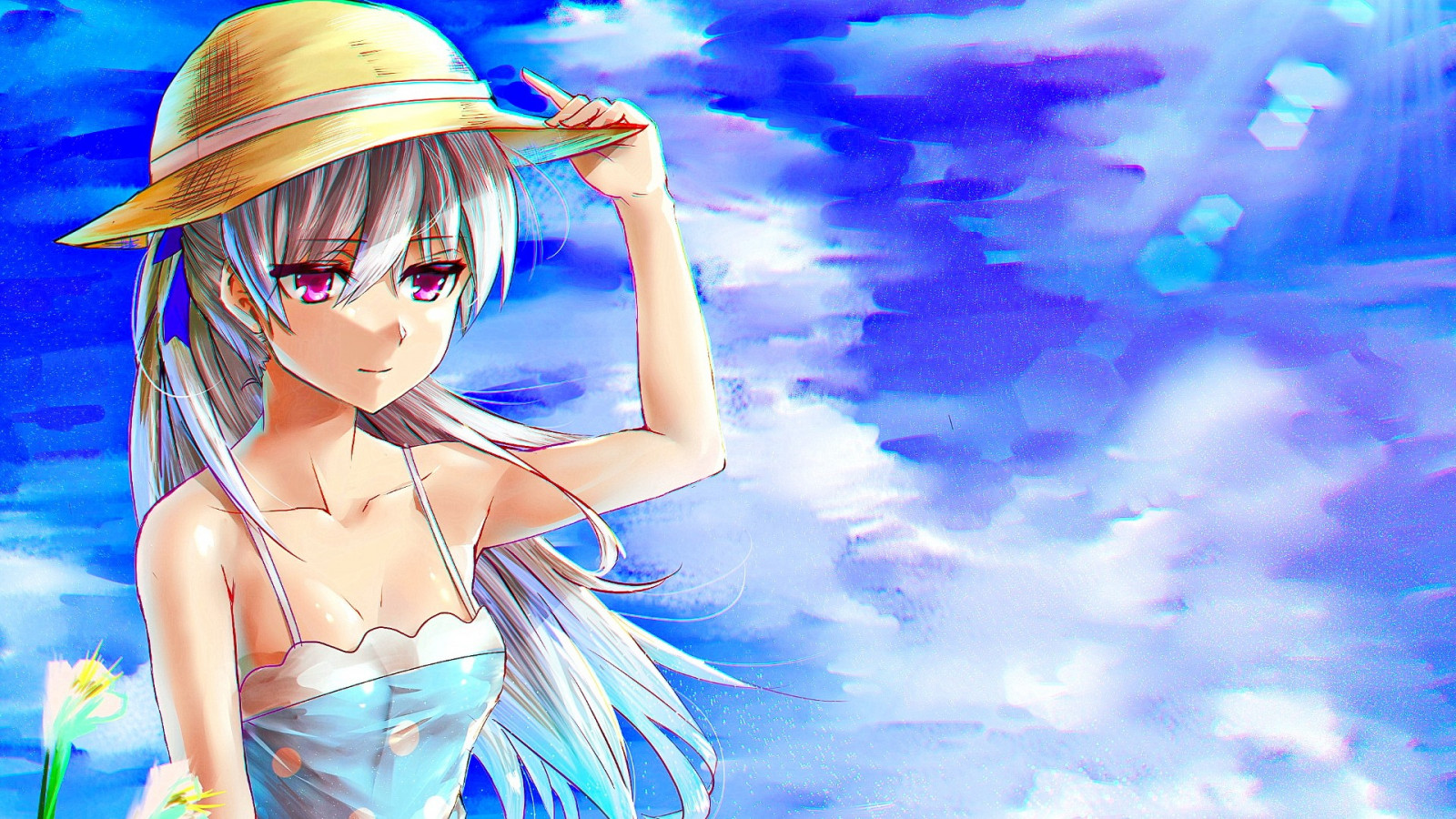 blondýnka, odvrátila, dlouhé vlasy, anime, anime dívky, nebe, mraky, modrý, smutek, růžové oči, Tmavší než černá, Yin, počítač tapeta