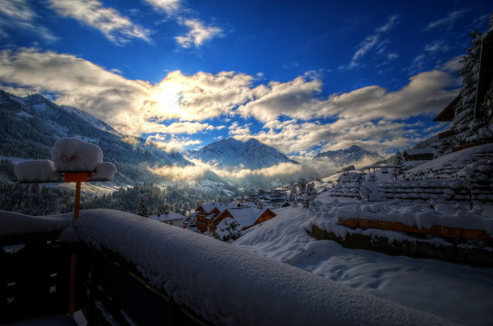 morning, winter, Sun, snow, clouds, sunrise, HDR, kleinwalsertal