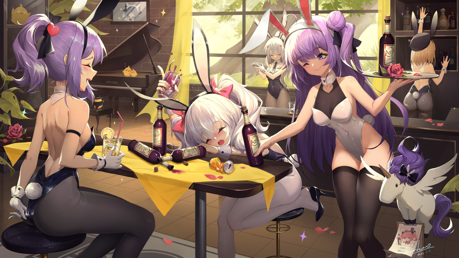 anime, anime girls, Azur Lane, Ayanami Azur Lane, Cheshire Azur Lane, Javelin Azur Lane, Laffey Azur Lane, Manjuu Azur Lane, Saratoga Azur Lane, Unicorn Azur Lane, Z23 Azur Lane, bunny girl, stockings, pantyhose, drinking