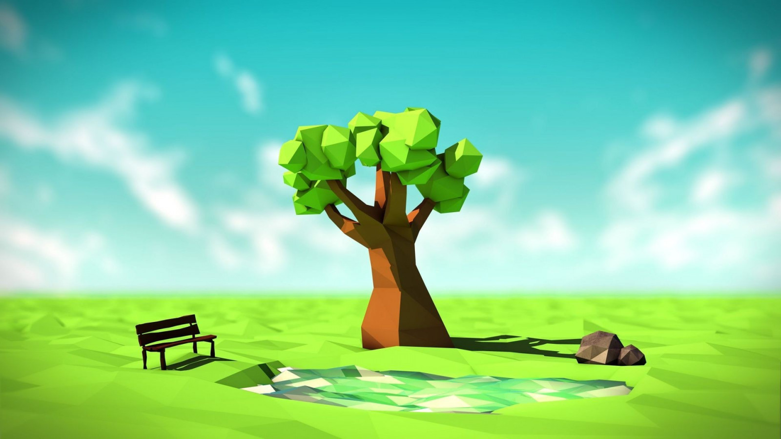 luz de sol, Árboles, ilustración, arte digital, lago, rock, naturaleza, 3D, césped, campo, Nubes, Bajo de poli, verde, banco, horizonte, ART, color, árbol, hoja, flor, planta, flora, captura de pantalla, Papel pintado de la computadora