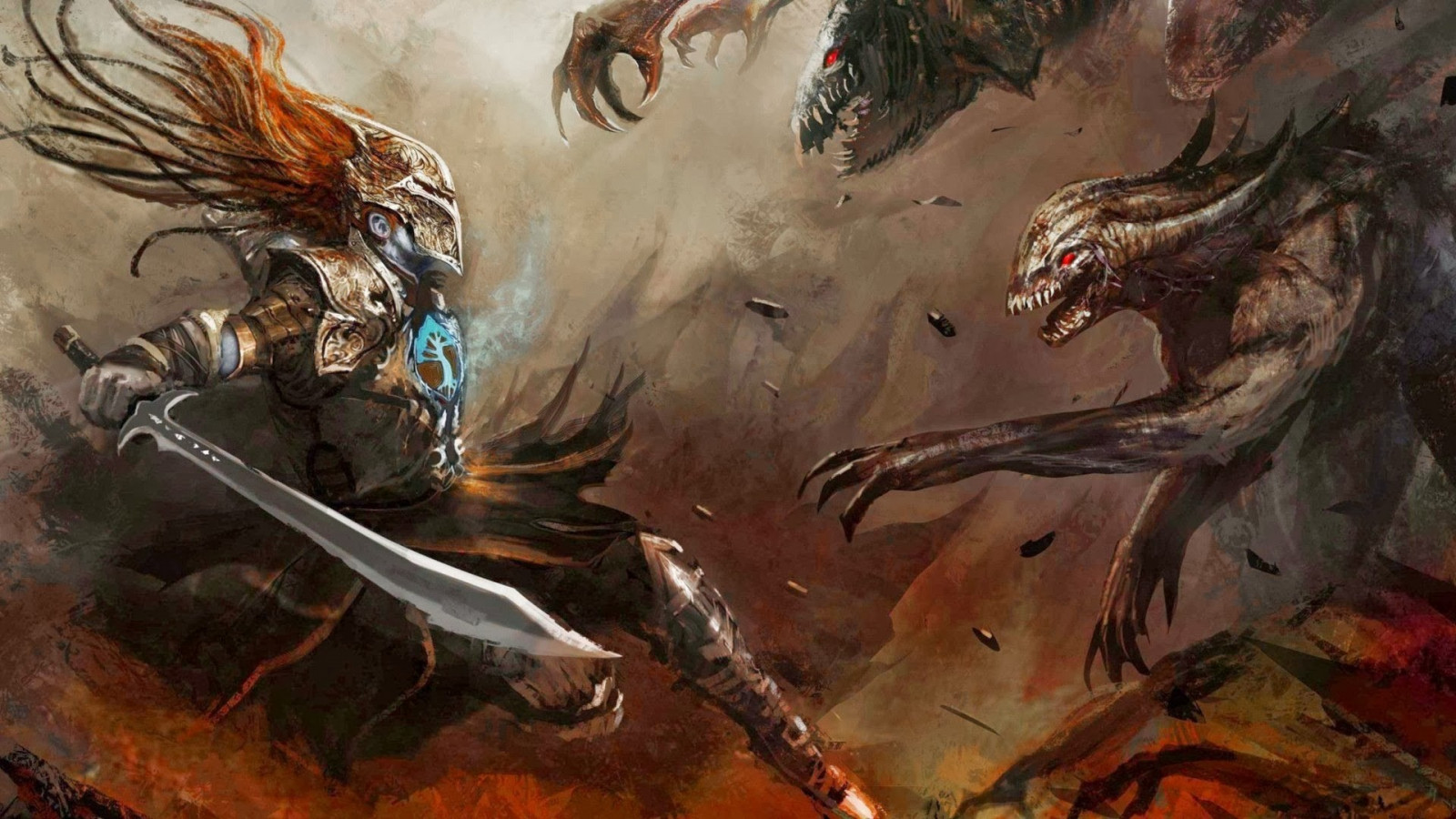 Fantasy kunst, væsen, røde øjne, sværd, trække på, kriger, mytologi, skærmbillede, fiktiv karakter