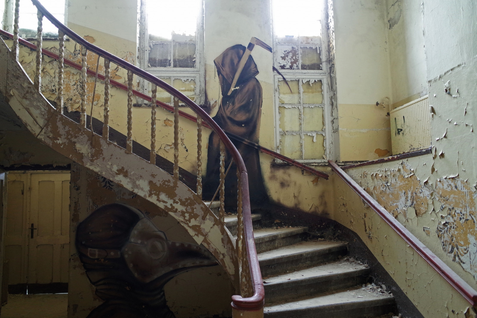 Straßenkunst, KUNST, verlassen, dunkel, Graffiti, Beängstigend, Kunst, gruselig, gespenstisch, Sanatorium, Brandenburg, Ricohgr, Verlassen, Heilanstalt