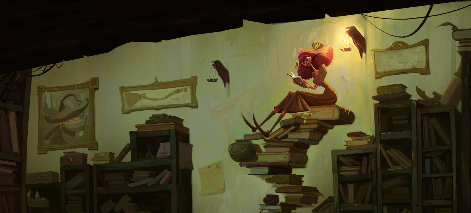 Fantasy kunst, kunstværk, bøger, stearinlys, billedrammer, eventyr, hylder, KUNST, skærmbillede