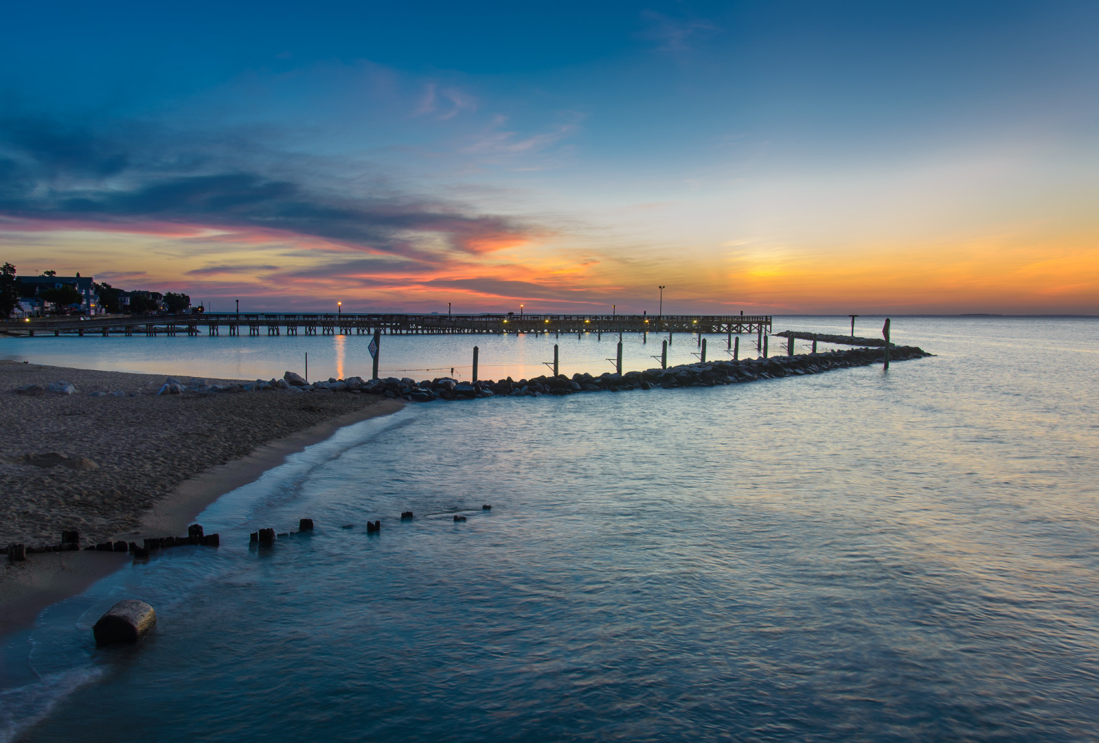 západ slunce, moře, voda, pobřeží, odraz, nebe, pláž, svítání, uklidnit, večer, ráno, pobřeží, horizont, molo, dok, soumrak, Severní, Maryland, mrak, svítání, oceán, vlna, 45, D600, 35, vr, 24, 85, vlnolam, fixed link, coastal and oceanic landforms