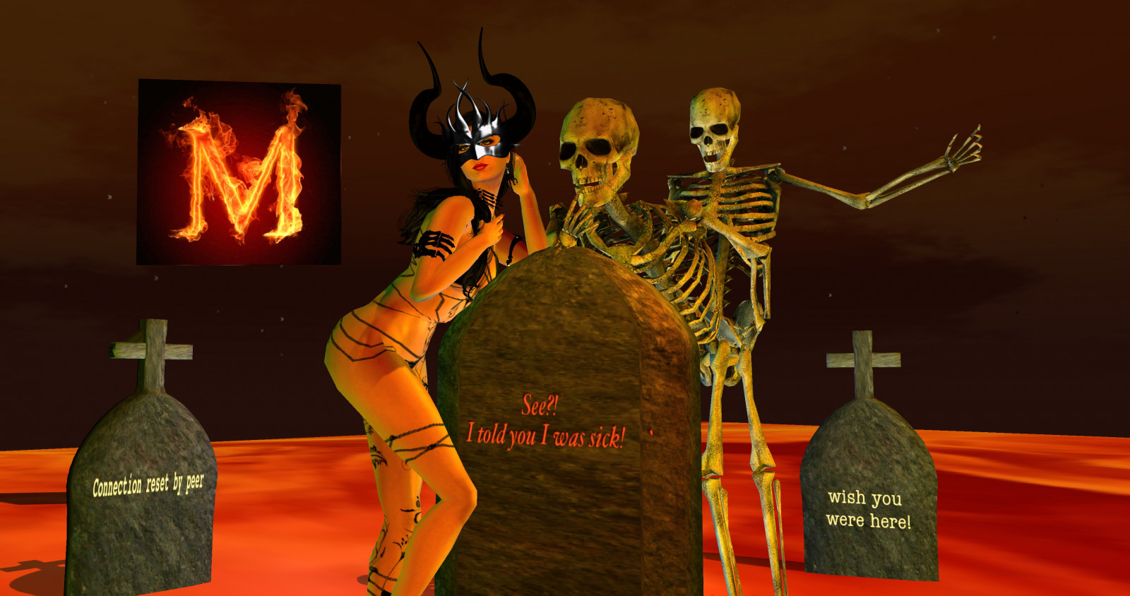 3D, předvečer Všech svatých, maska, růžky, CGI, ďábel, ostatky, říjen, maskovaný, latex, Virtuální, Bristol, UMĚNÍ, zábava, nevydaný, druhý život, pixel, humor, Mondy, náhrobky, metaverse, Koleda, kostry, skeletová, Brangwin