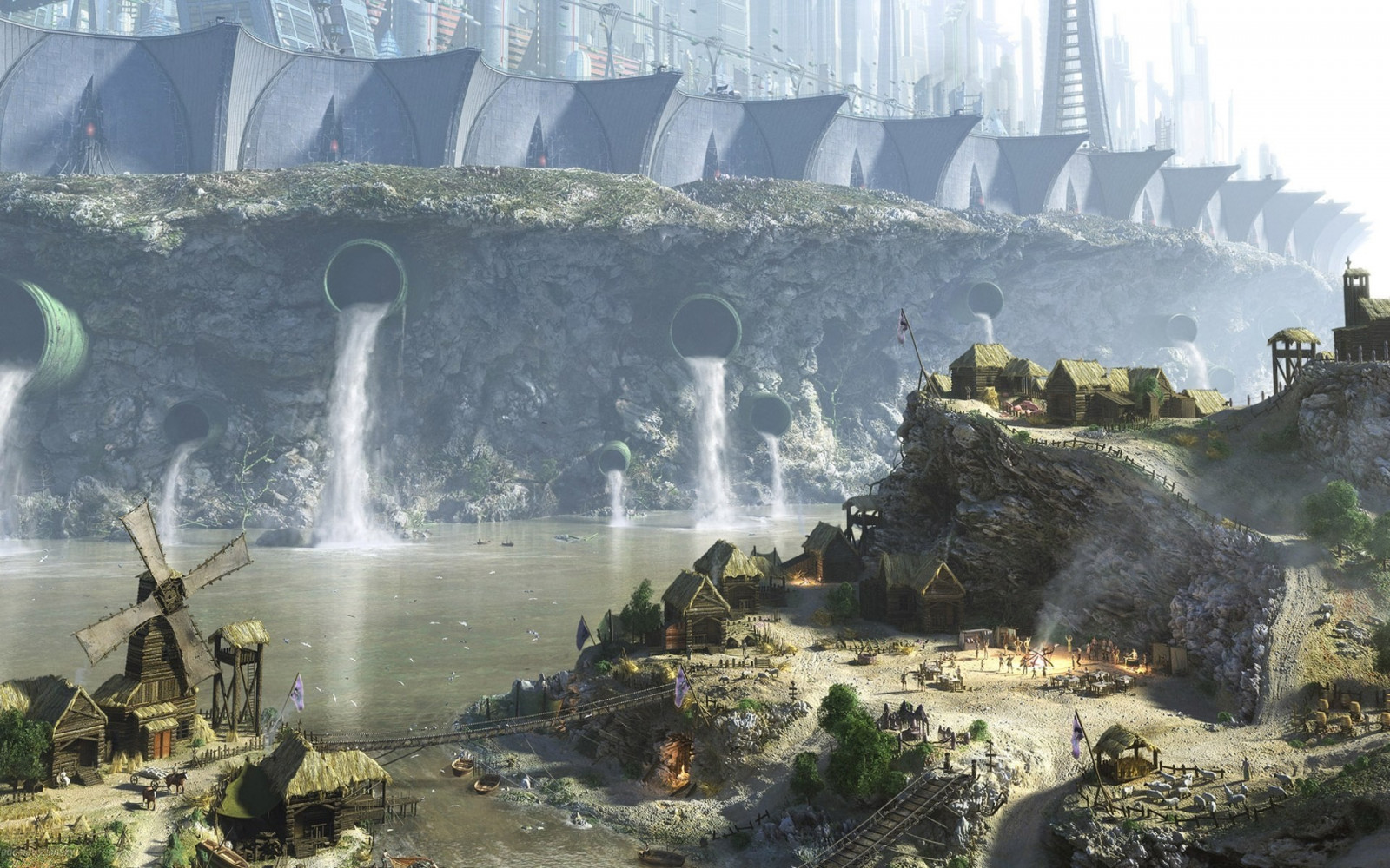 digitální umění, fantasy umění, vesnice, sci-fi, Ergo Proxy, svět, futuristické město, Terén, mezník, Snímek obrazovky, geologický fenomén, vodní prvek