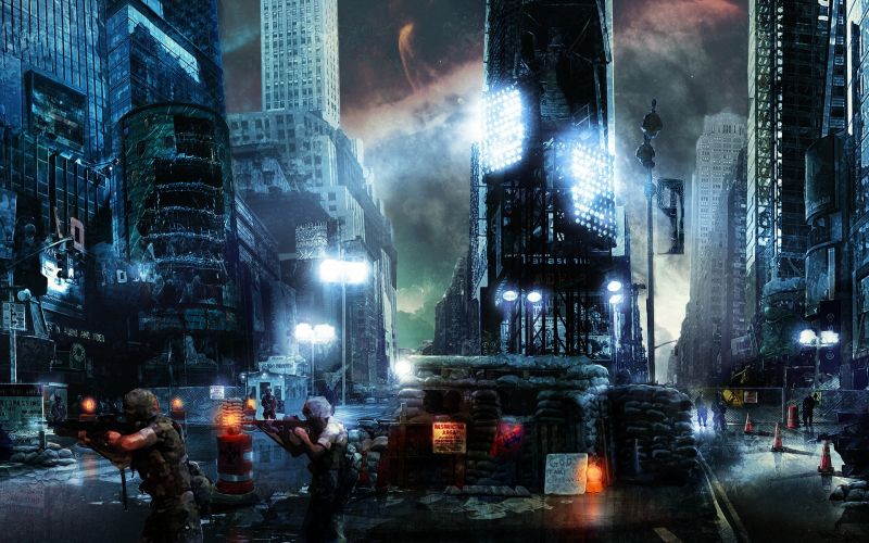 panoráma města, noc, apokalyptický, futuristický, válka, zbraň panoráma města, noc, apokalyptický, futuristický, válka, zbraň