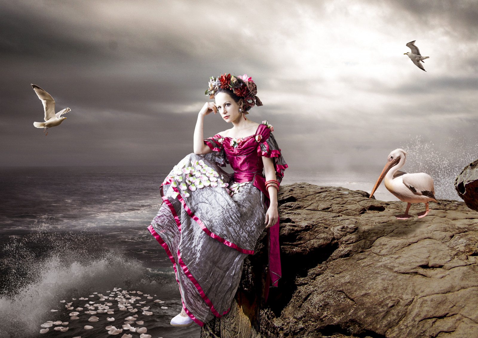 ptactvo, zvěř, ženy, model, fantasy umění, šaty, jaro, krása, žena, focení