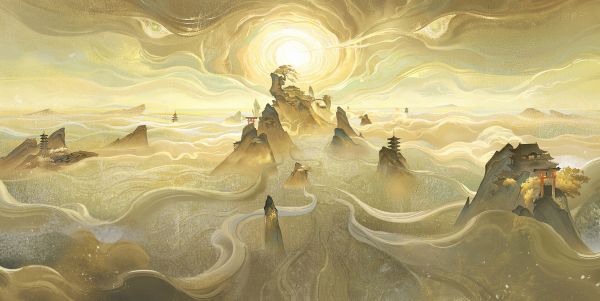 artwork,digital art,Sun,nature,wind,torii