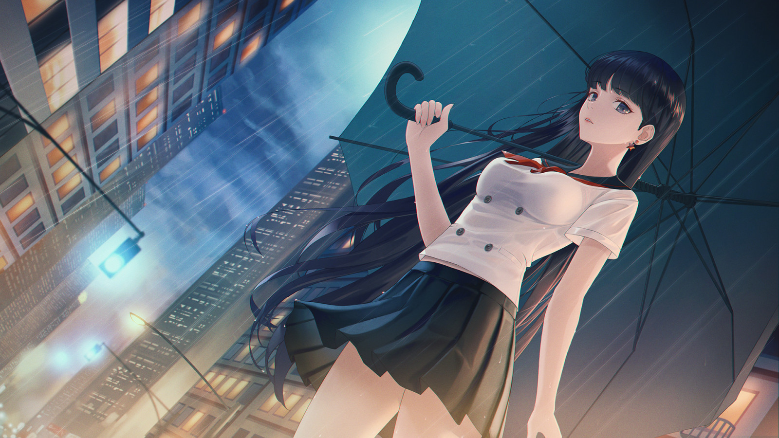 anime lányok, anime beauty, anime, esernyő, iskolai egyenruha