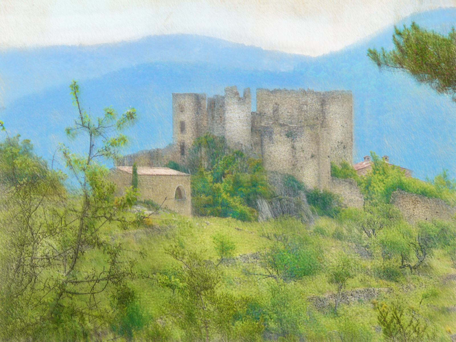 krajina, malování, starověký, budova, tráva, nebe, vesnice, hrad, Francie, turistika, zřícenina, Provence, majetek, strom, cestovat, impresionismus, malovat, pastvina, louka, photomanipulation, malířské, zámky, venkov, pozemek pozemek, akvarel barvy, křoviny, impresionista, opevnění, digitalphotoart, sráz, ipadpainting, ipadsketching, painterlyapp, southoffrance