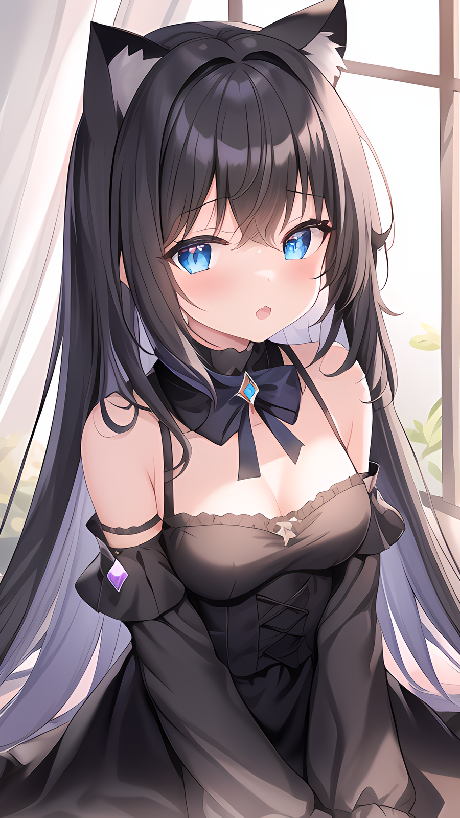 kočka dívka, kočičí uši, ai art, černé vlasy, šaty, vertikální, anime dívky, červenající se