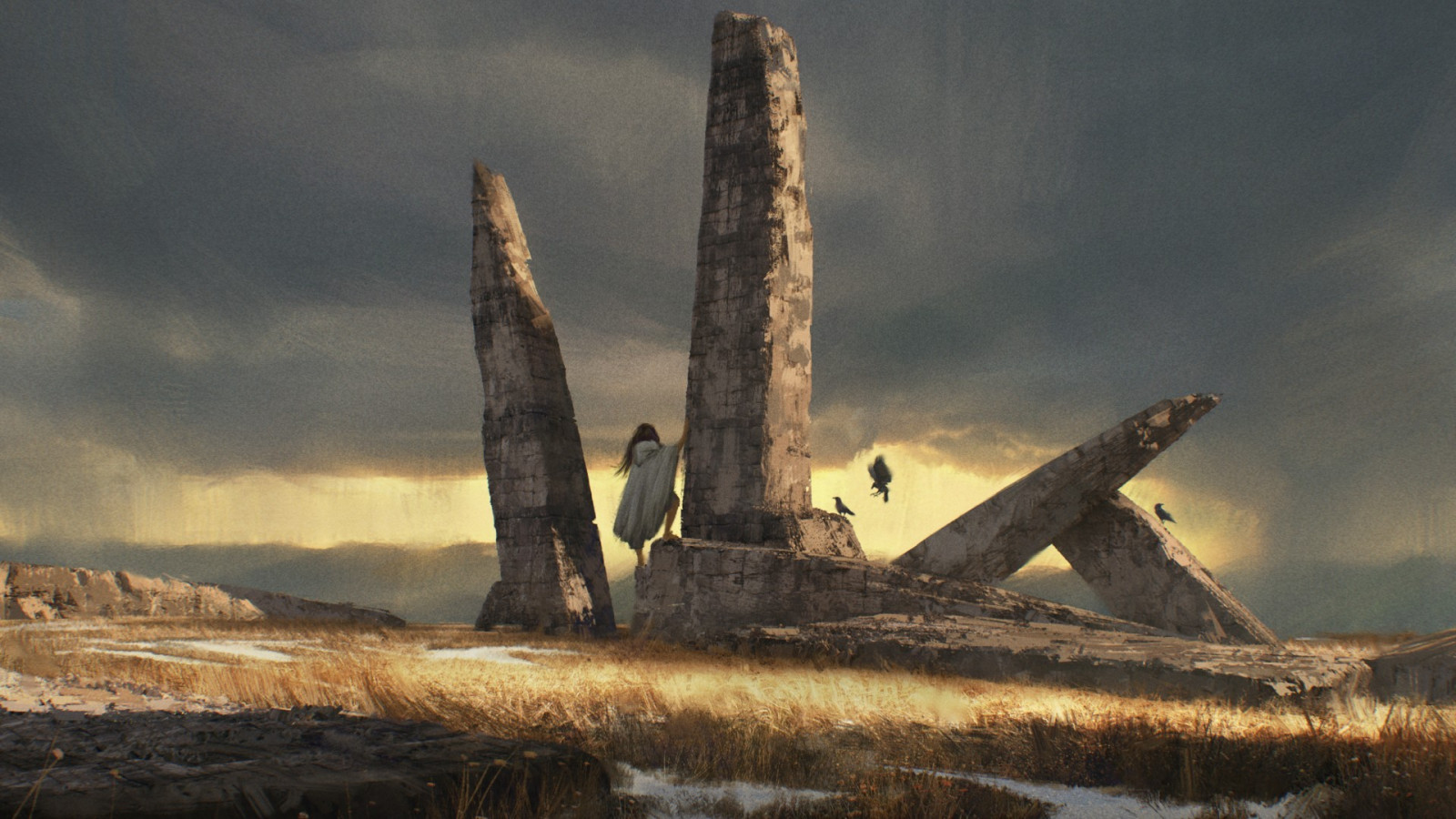 digitální umění, fantasy umění, Příroda, zřícenina, ženy, Krist Miha, ptactvo, mraky, pole