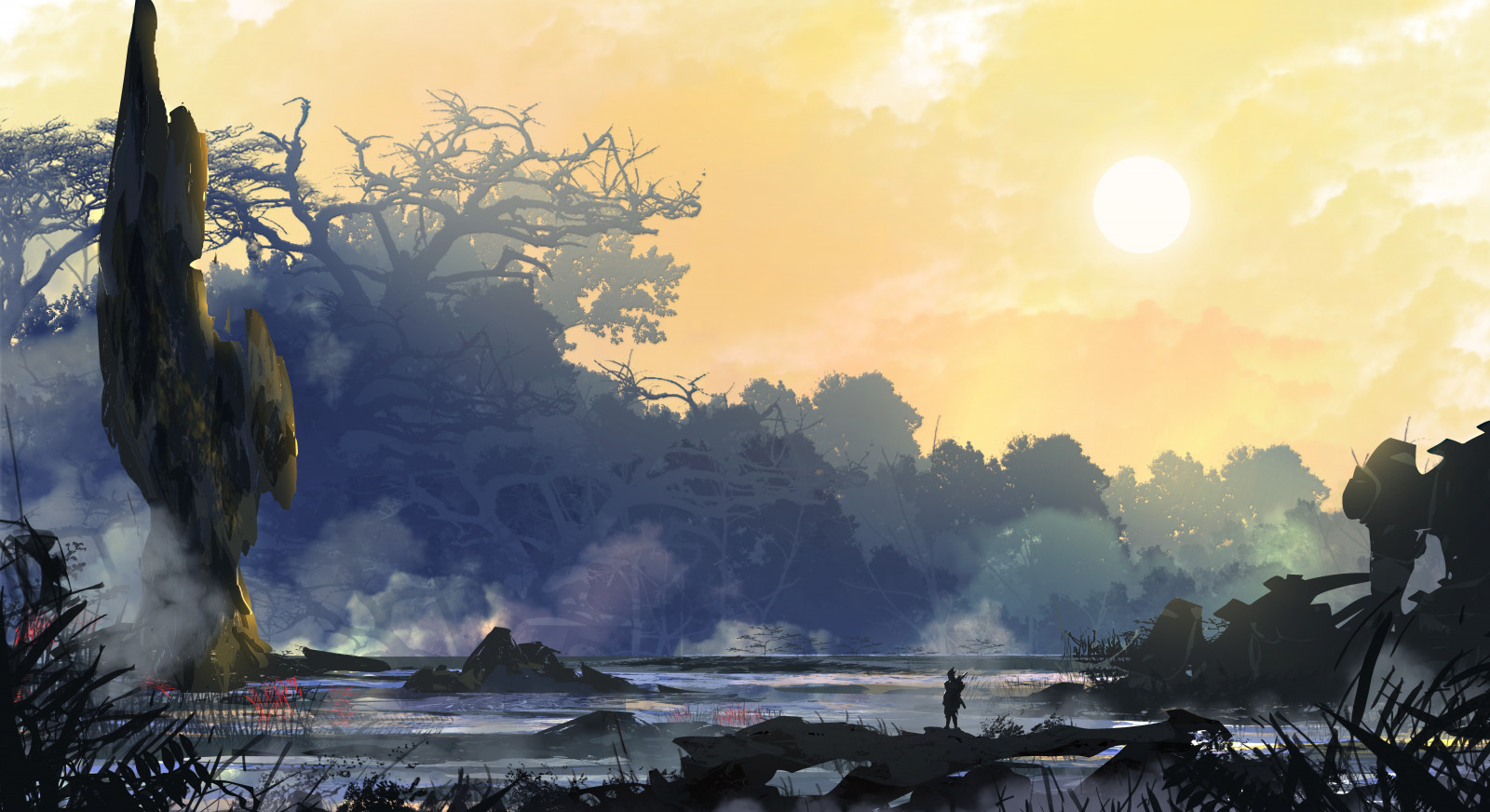 slunečnímu záření, krajina, malování, ilustrace, digitální umění, západ slunce, voda, nebe, umělecká díla, večer, ráno, atmosféra, strom, svítání, Snímek obrazovky, počítač tapeta, jev, 6600x3600 px, cg artwork