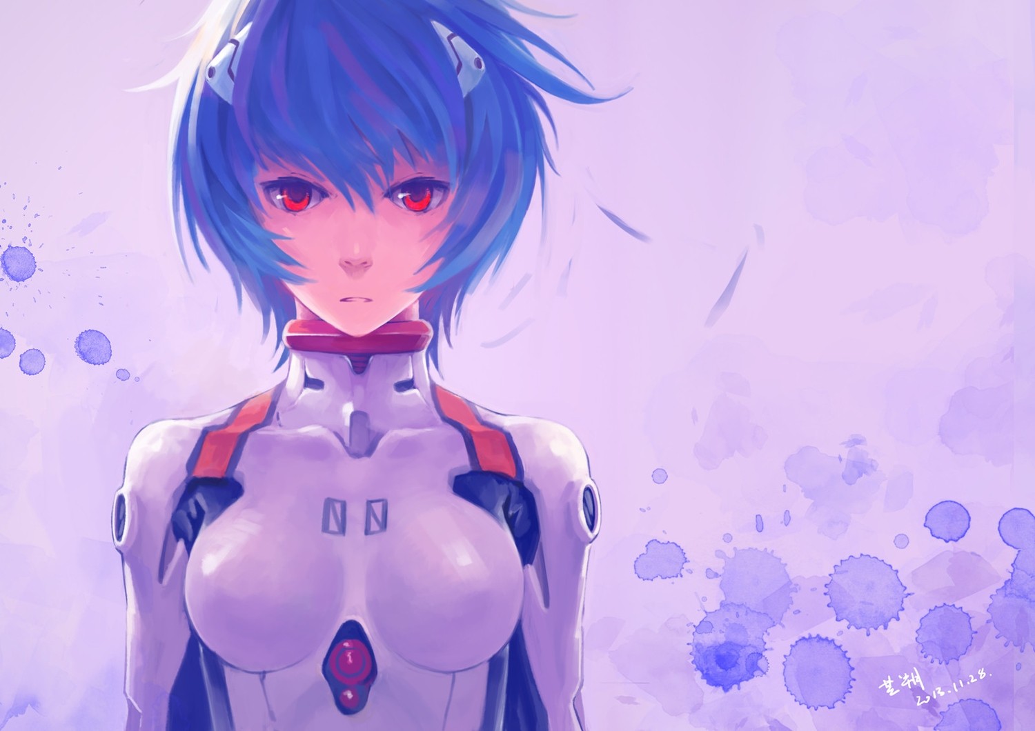 illustrazione, anime, anime girls, Neon Genesis Evangelion, Ayanami Rei, opera d'arte, blu, occhi rossi, mangaka