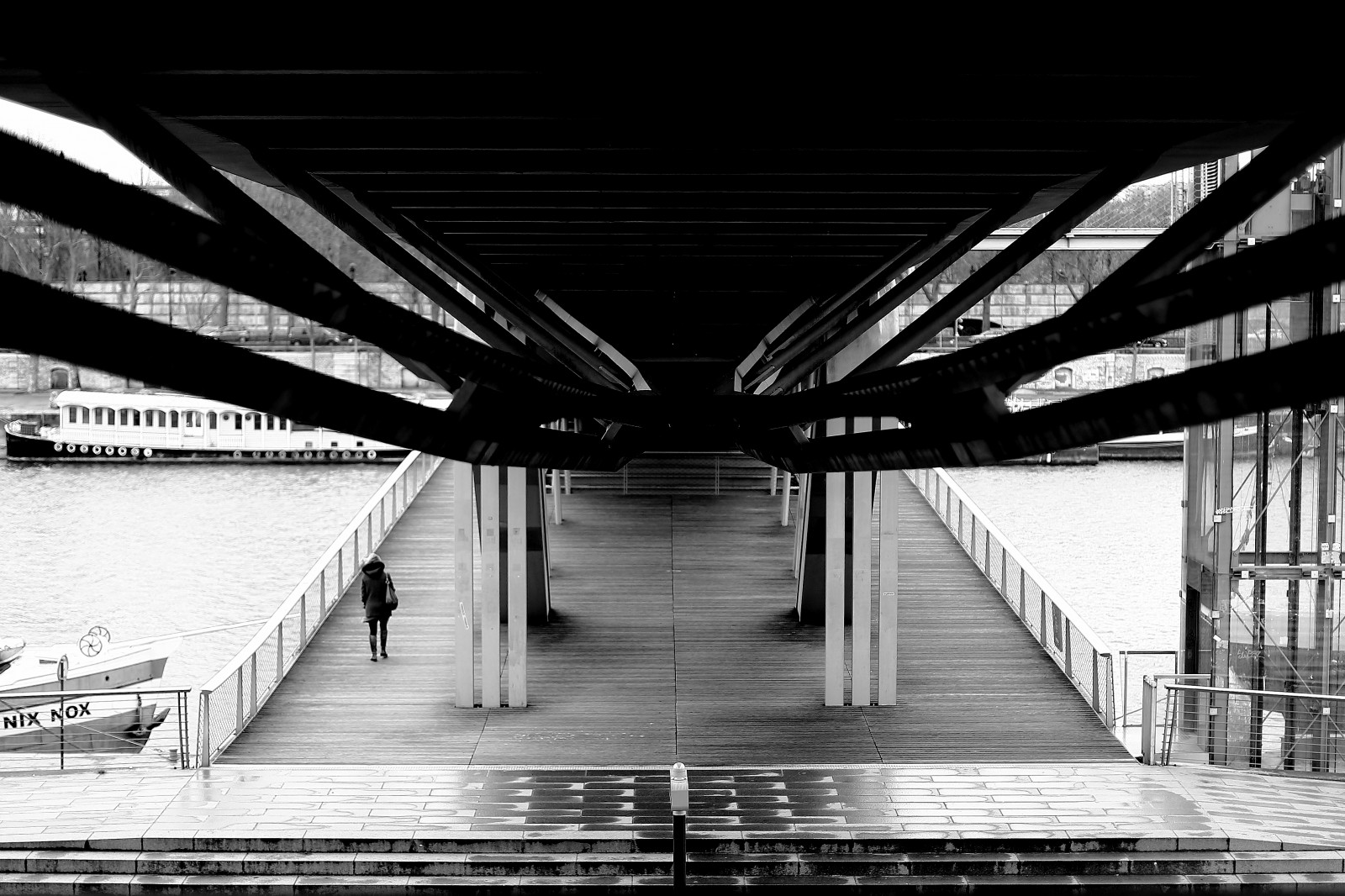 Černá, černobílý, architektura, budova, nebe, fotografování, symetrie, most, metropole, struktura, Seine, infrastruktura, úhel, světlo, Černý a bílý, žena, Street View, čára, pont, mezník, femme, noiretblanc, photoderue, urbanarte, paris13, photopascalcolin, Černý a bílý, monochromatické fotografování, Metropolitní oblast, denní osvětlení, passerelle, most pro pěší, fixed link