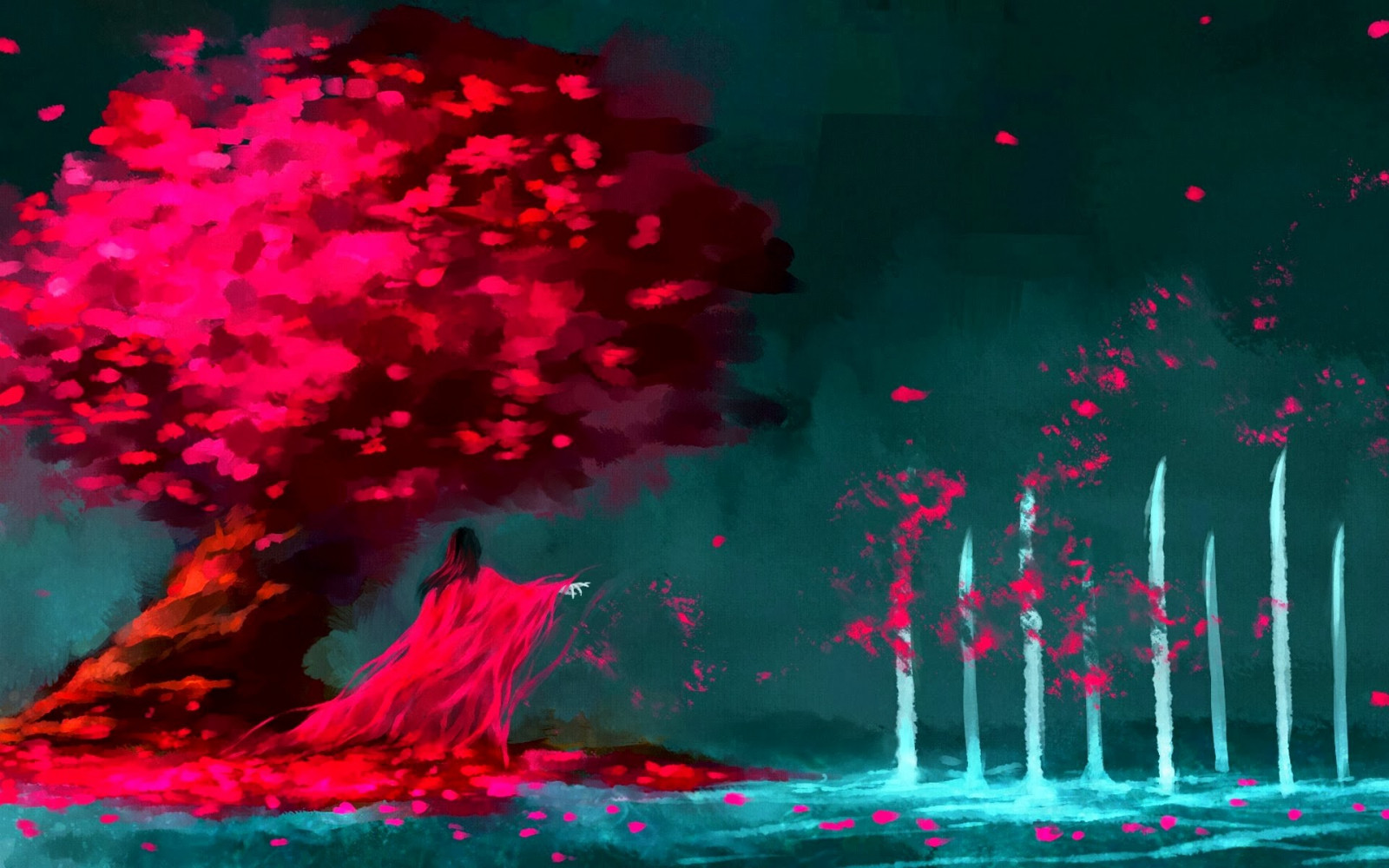 maleri, fantasy art, rød, cherry Blossom, fan Kunst, Blekemiddel, Kuchiki Byakuya, NanFe, farge, blomst, geologisk fenomen