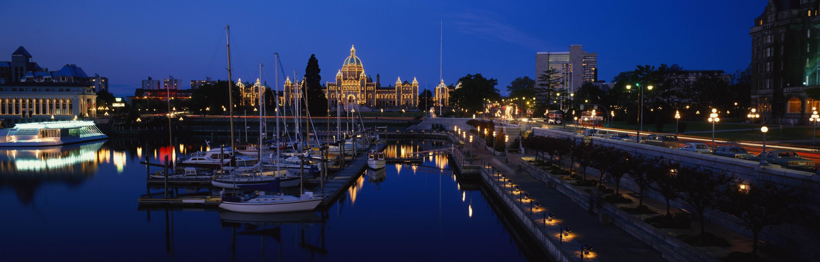 landscape, city, cityscape, night, reflection, Tourism, evening, panorama, dock, dusk, canal, metropolis, Marina, waterway, 3750x1200 px